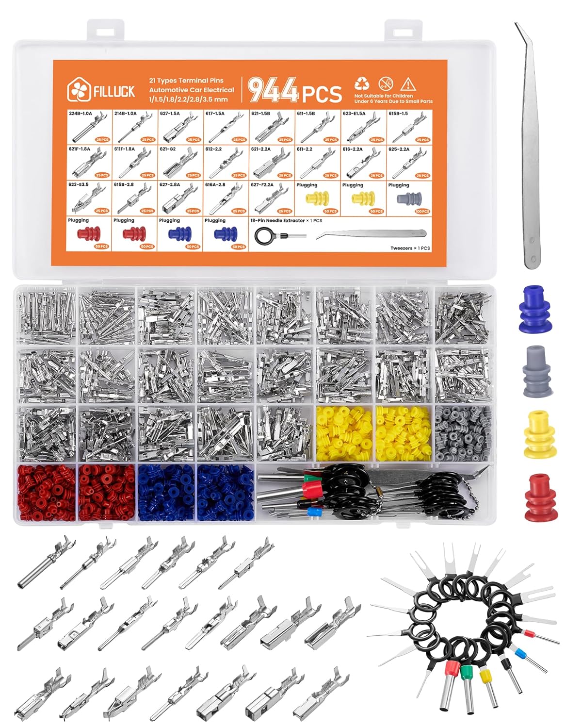 944Pcs Pin Connector Kit,Car Electrical Wire Connectors Terminal Pins,21Type Non-Insulated Plug 1/1.5/1.8/2.2/2.8/3.5mm,Removal Male Female Crimp Pins,Large Quantity&Easy Store
