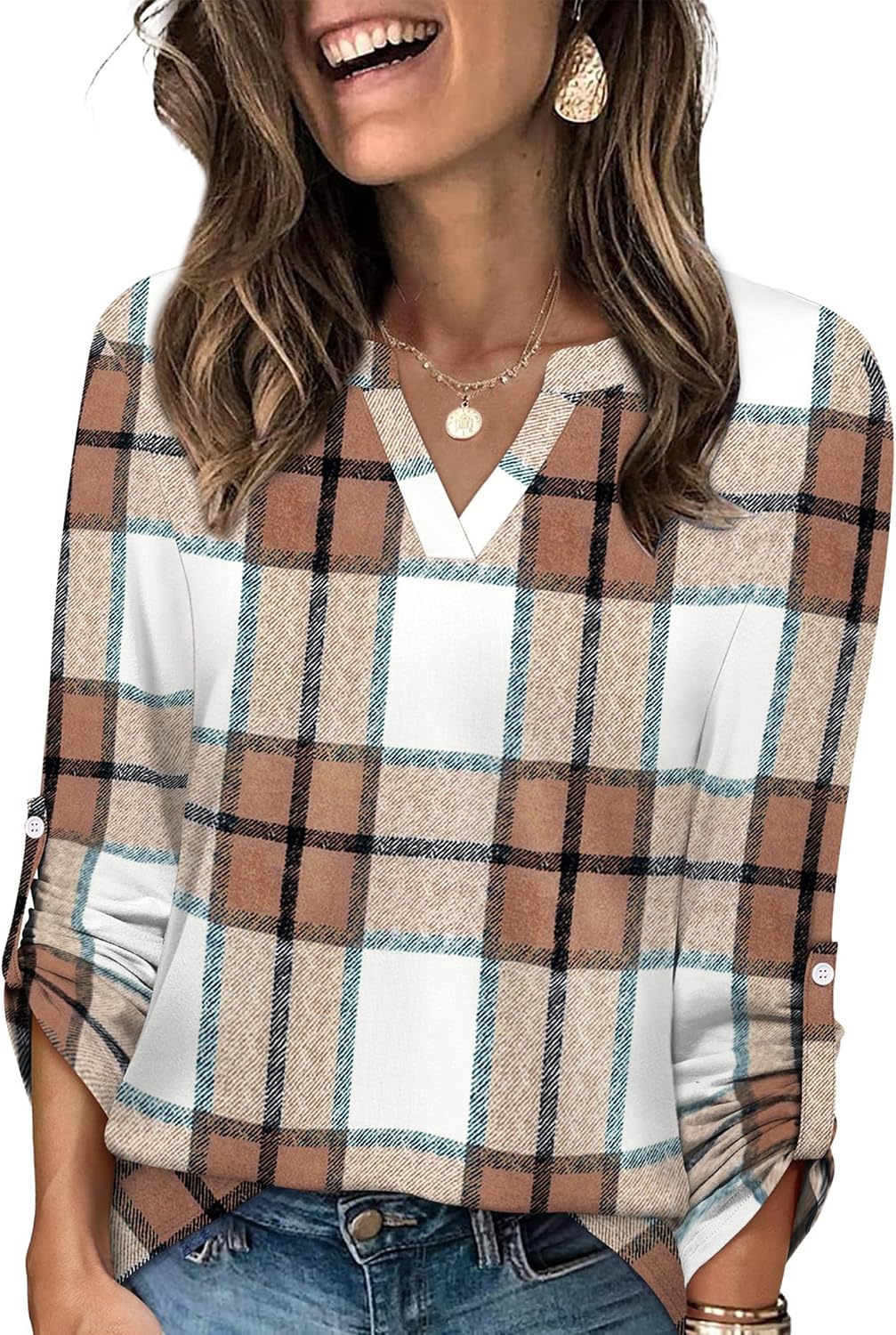 WIHOLL Womens Casual V Neck Rolled Long Sleeve Work Tops Blouses Shirts Fall Outfits