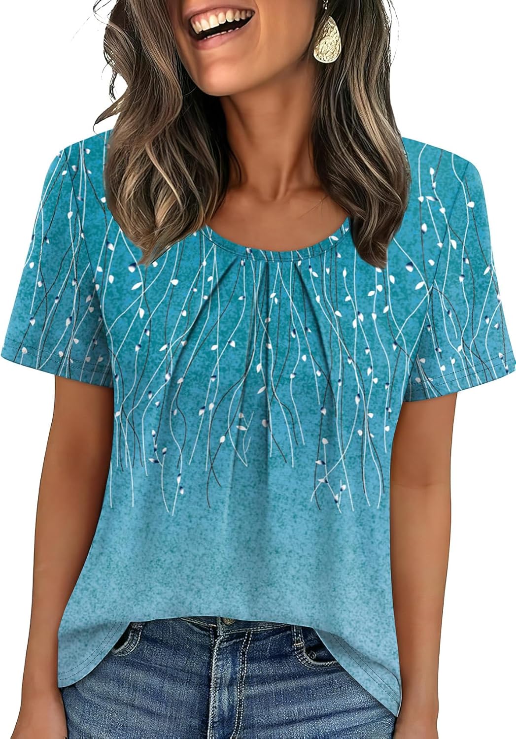 WIHOLL Women T Shirts Pleated Short Sleeve Tops Business Casual Dressy Blouses