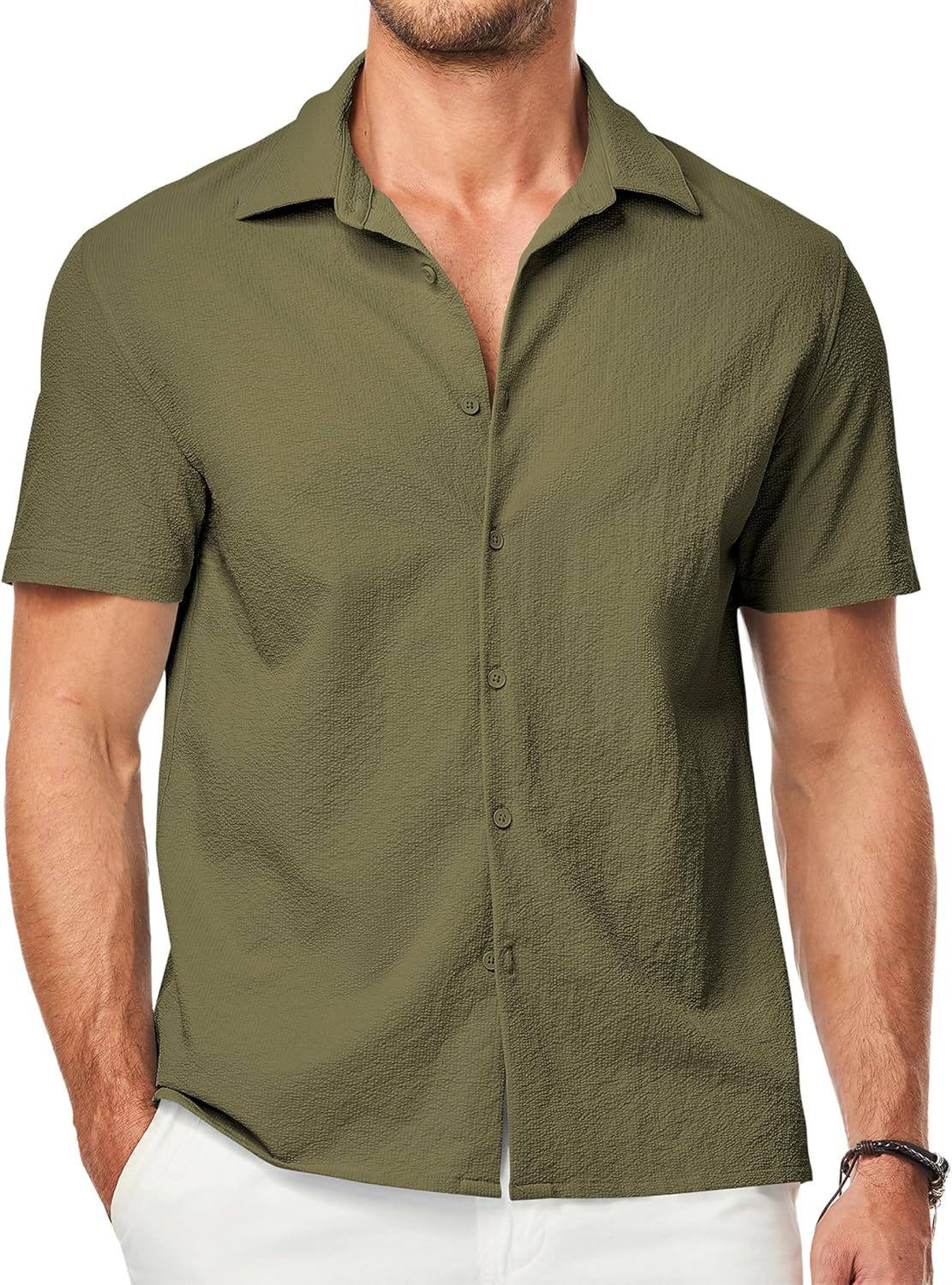 JMIERR Men's Seersucker Shirts Short Sleeve Casual Button Down Shirt Beach Summer Vacation Wedding Tops