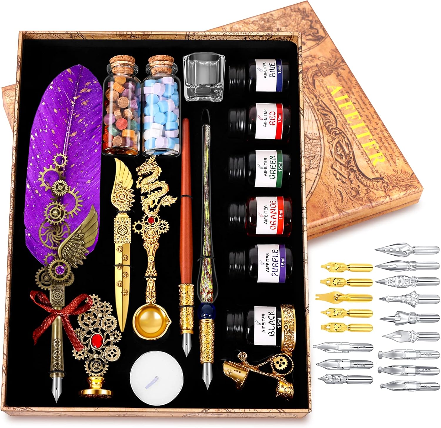 Aifeiter Feather Pen Ink Set, Wax Seal Stamp, Feather Calligraphy Pen, Birthday & (Purple)