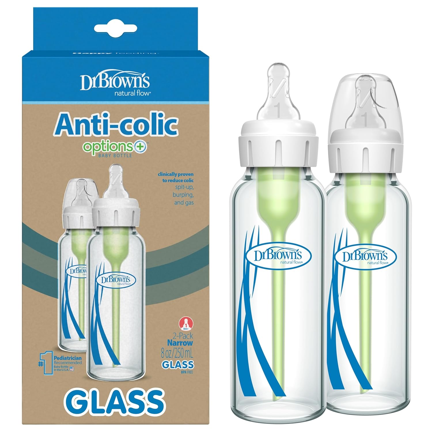 Dr. Brown's Anti-Colic Options+ Narrow Glass Baby Bottle with Level 1 Slow Flow Nipple, BPA-Free, 8 oz/250 mL, 0m+, 2-Pack (Packaging May Vary)