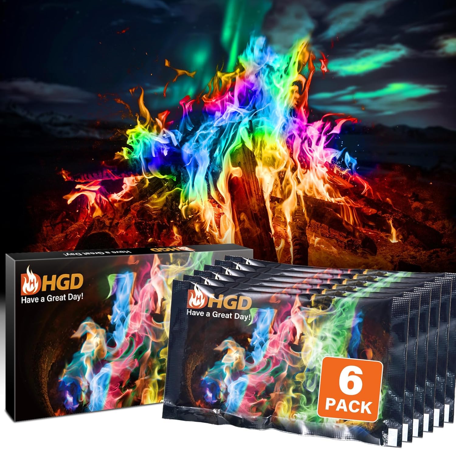 HGD (6 Pack) Magic Campfire Fire Color Changing Packets for Fire Pit, Indoor/Outdoor Fireplace, Bonfire - Rainbow Magical Flame, Camping Accessory, Compatible with Wood