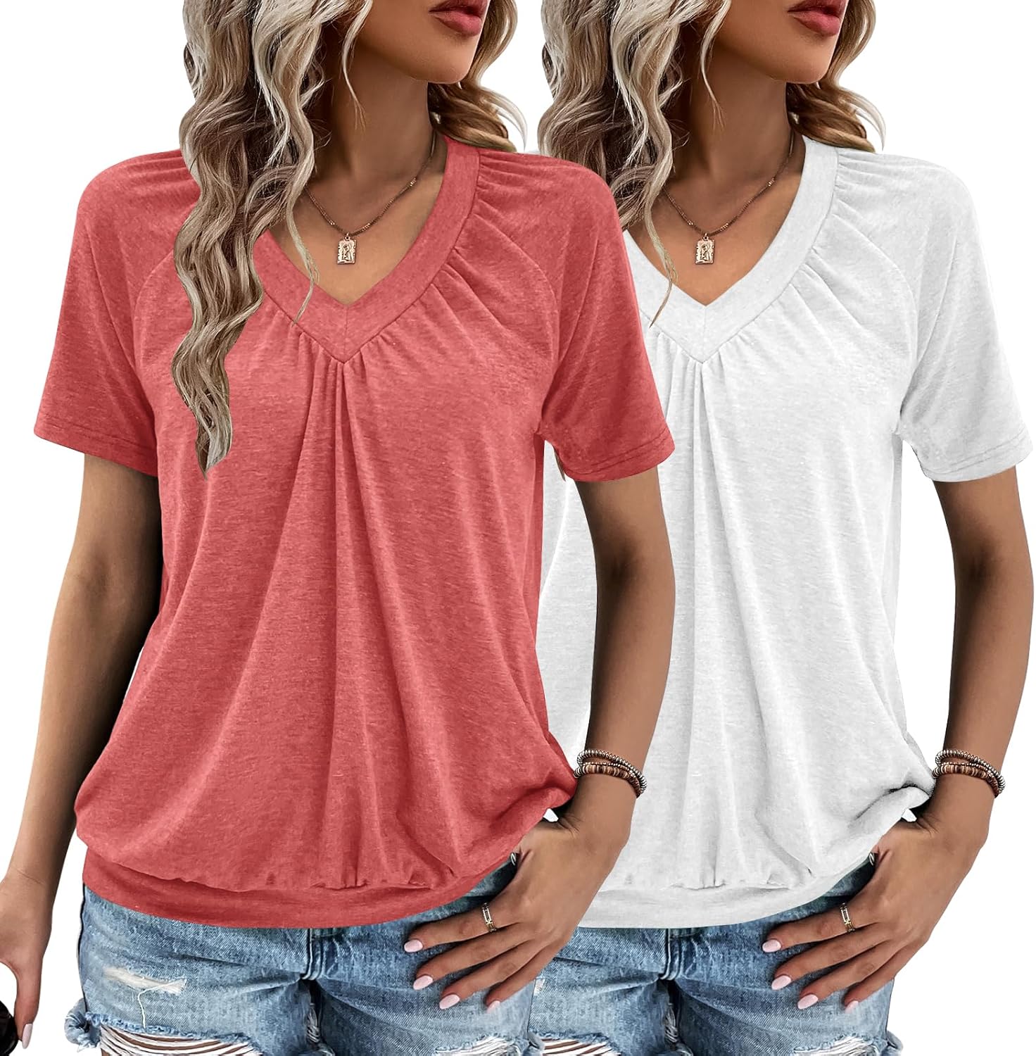 2 Pack Summer Tops for Women V Neck Shorts Sleeve Casual Ruched Tops Women T Shirts Clothes Trendy 2026