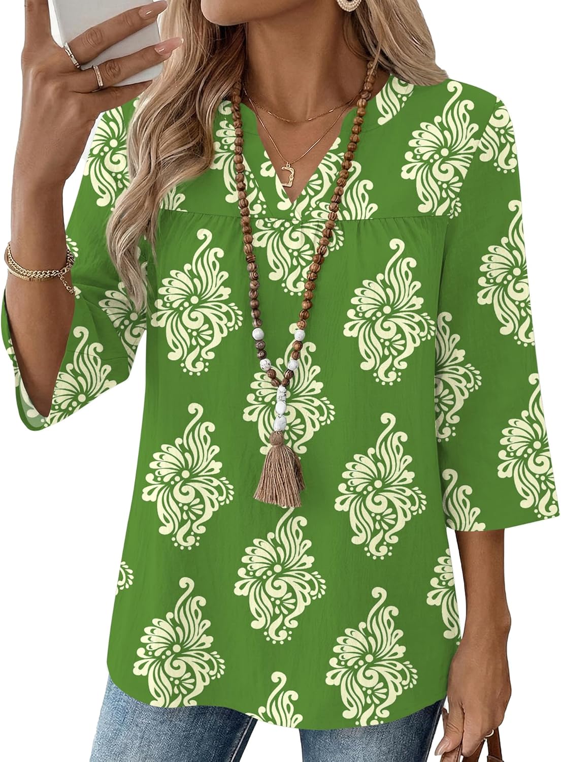 Rapbin Womens 3/4 Sleeve V Neck Boho Pleated Blouses for Women Dressy Casual Loose Fit Tops