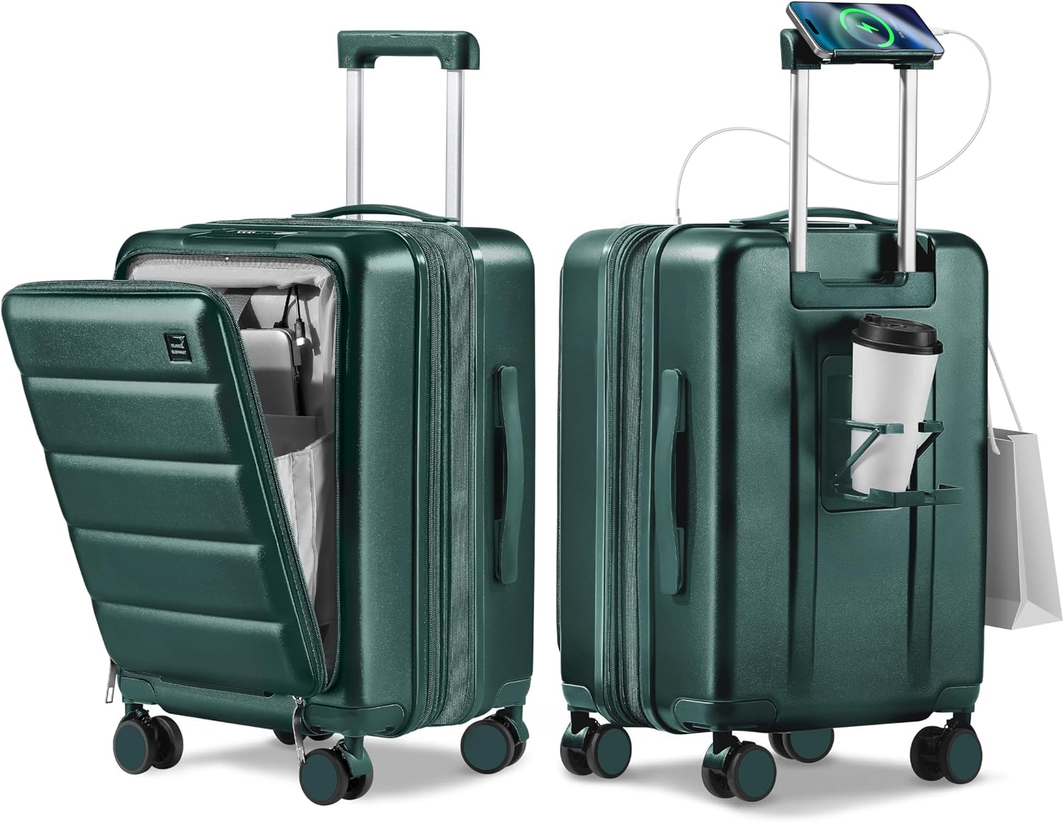 20IN Expandable Carry On Luggage-Forest Green | 100% PC,Front Pocket,16" Laptop Compartment,Cup Holder,USB Charging port,Phone Mount,TSA lock,360° Spinner Wheels