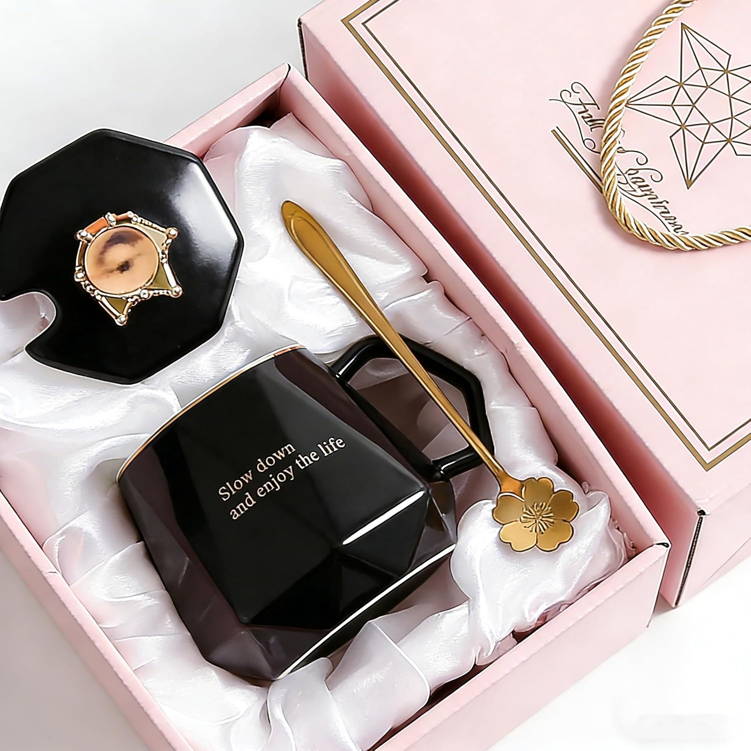 Coffee Mug Gift Box with crown Lid and flower Spoon, Gold Trim, 13.5Oz,Mothers Day Birthday Luxury Gift Box Set for Her Bday, Mom, Sister, Best Friends Female, Christmas Ceramic Cup Gift(Black)