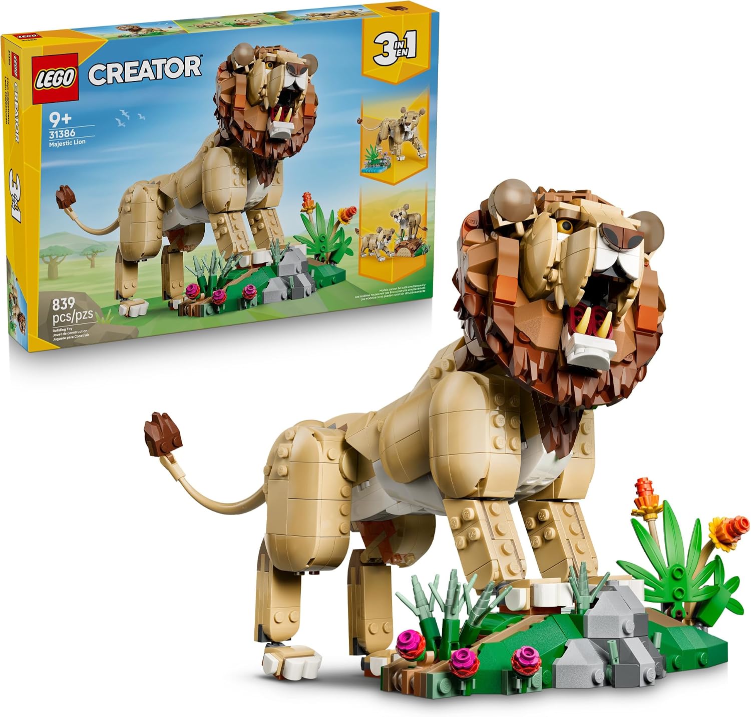 LEGO Creator 3 in 1 Wild Animals: Majestic Lion - Building Toy for Boys & Girls, Ages 9+ - Kids Bedroom or Desk Decor - Lion Toy with 3 Building Options - Gift for Birthdays - 31386