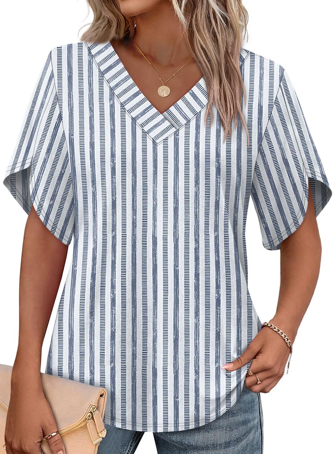WIHOLL Womens Summer Tops Short Petal Sleeve Shirts Fashion V Neck Womens Clothing