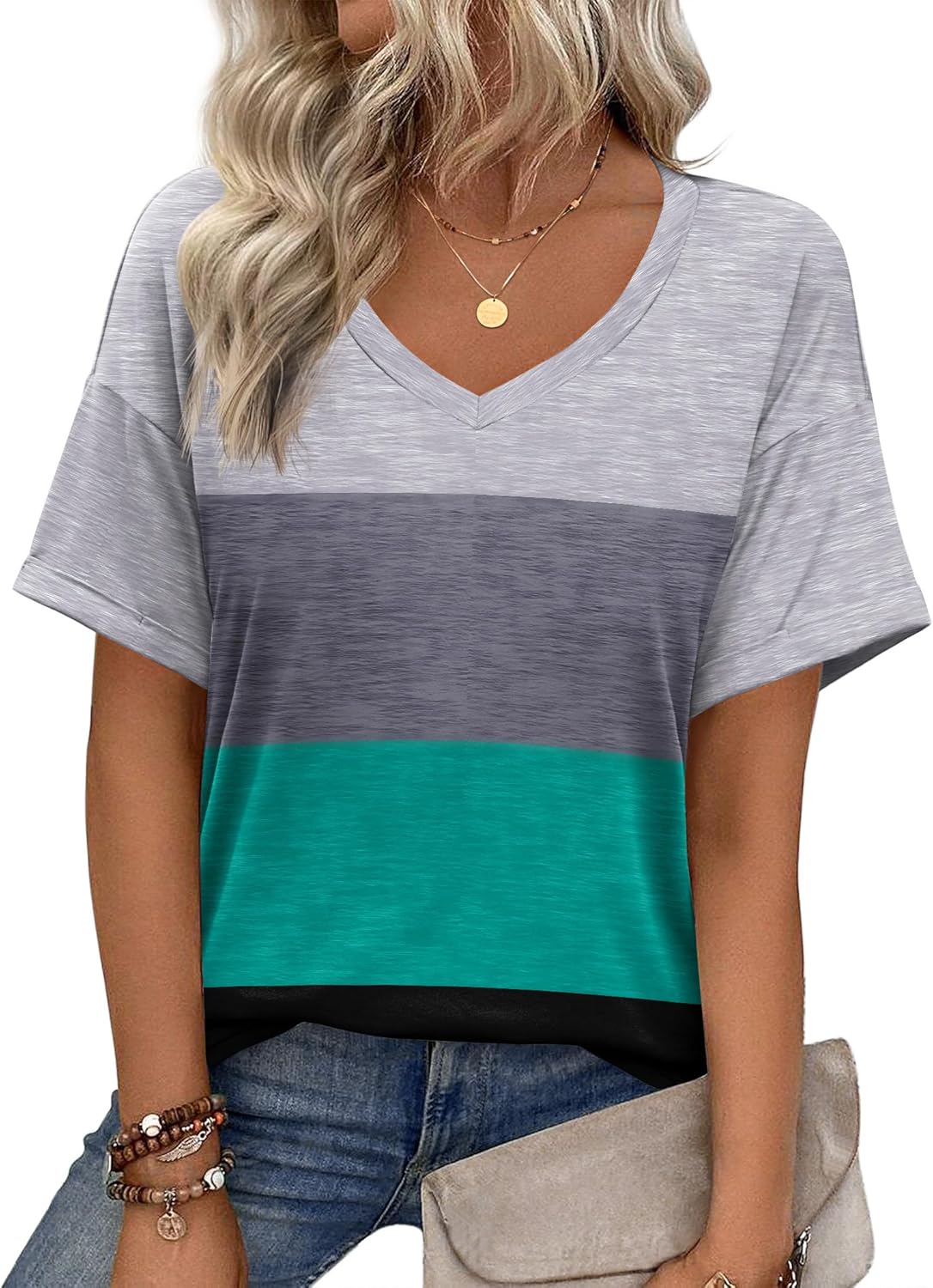 Zeagoo Womens Summer Tops Short Sleeve Casual Shirts Floral Tee Trendy 2026 Basics V Neck Plain Tshirt