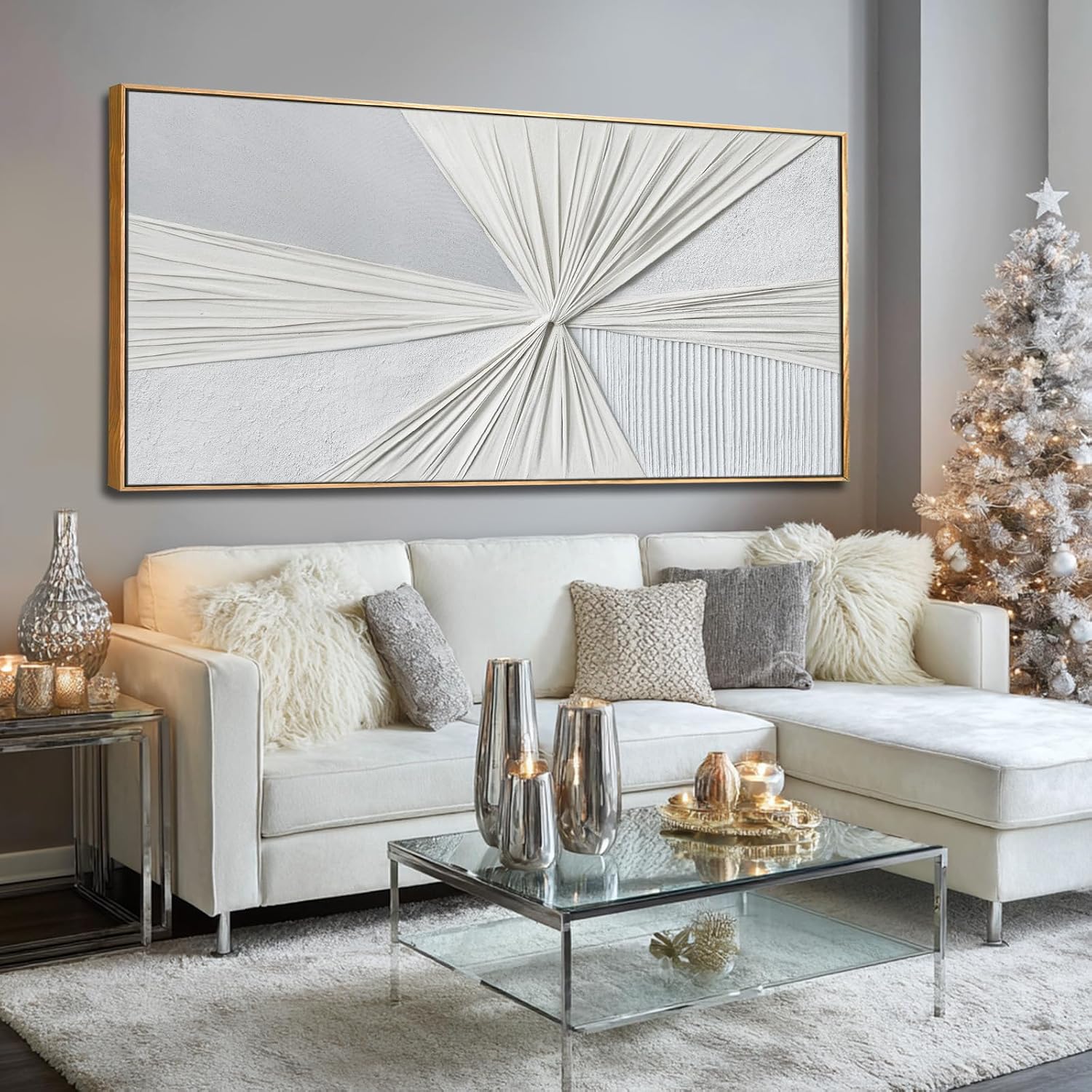 LEVERUP Elegance Textured Frame Wall Art 32x72 Inch Large White Abstract Canvas Wall Art for Living Room, Modern Nordic Style Home Decor