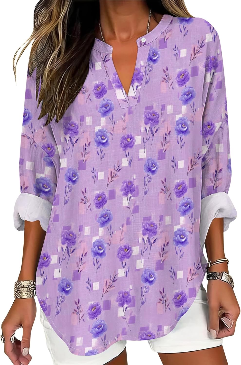 V Neck T Shirts for Women Long Length Sleeve Floral Print Blouse Summer Boho Tops Dressy Casual Basic Tees