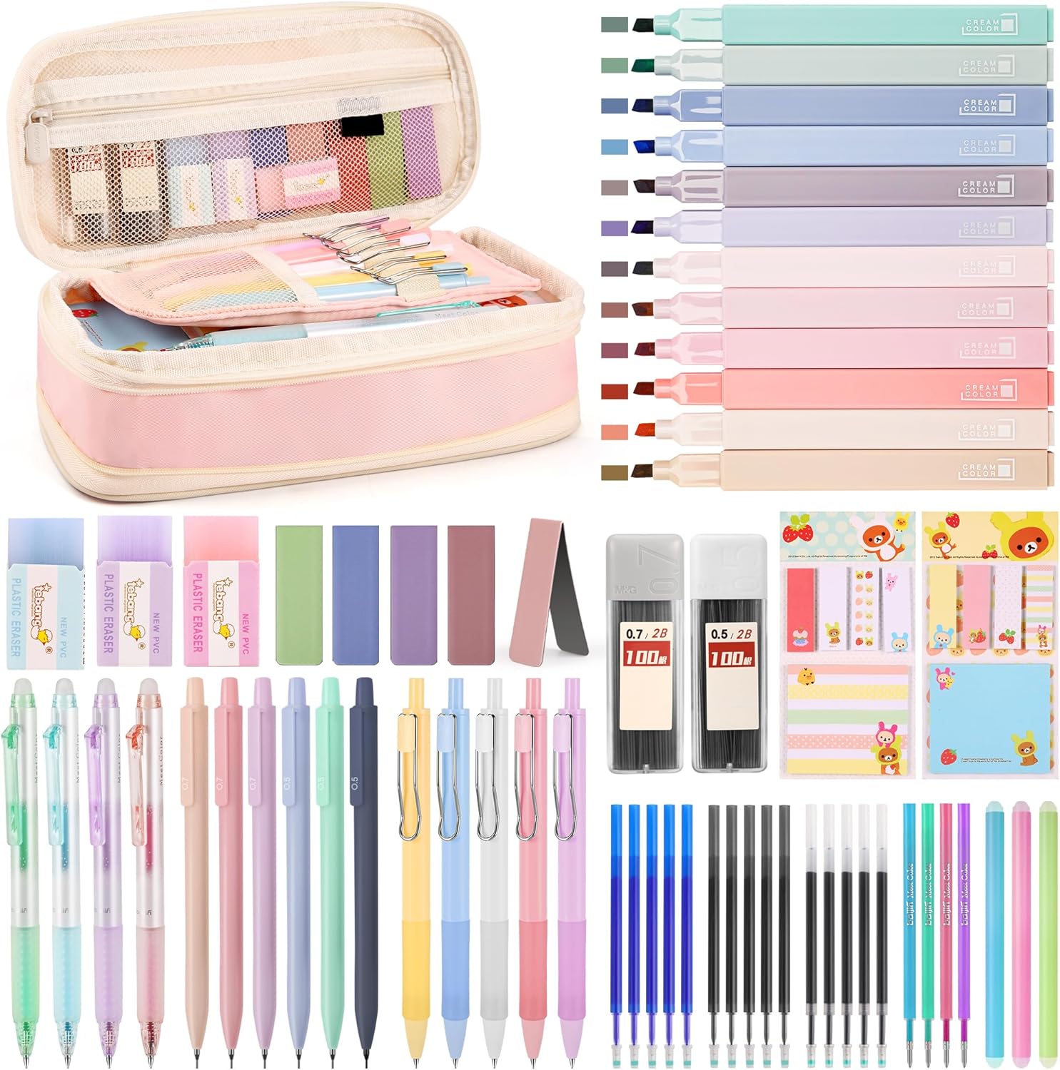 DazSpirit 62PCS Aesthetic Stationery Set with Pencil Case, No Bleed Highlighters, Gel & Erasable Pens, Mechanical Pencils, Refills, Cute College School Supplies for Note Taking, Journaling