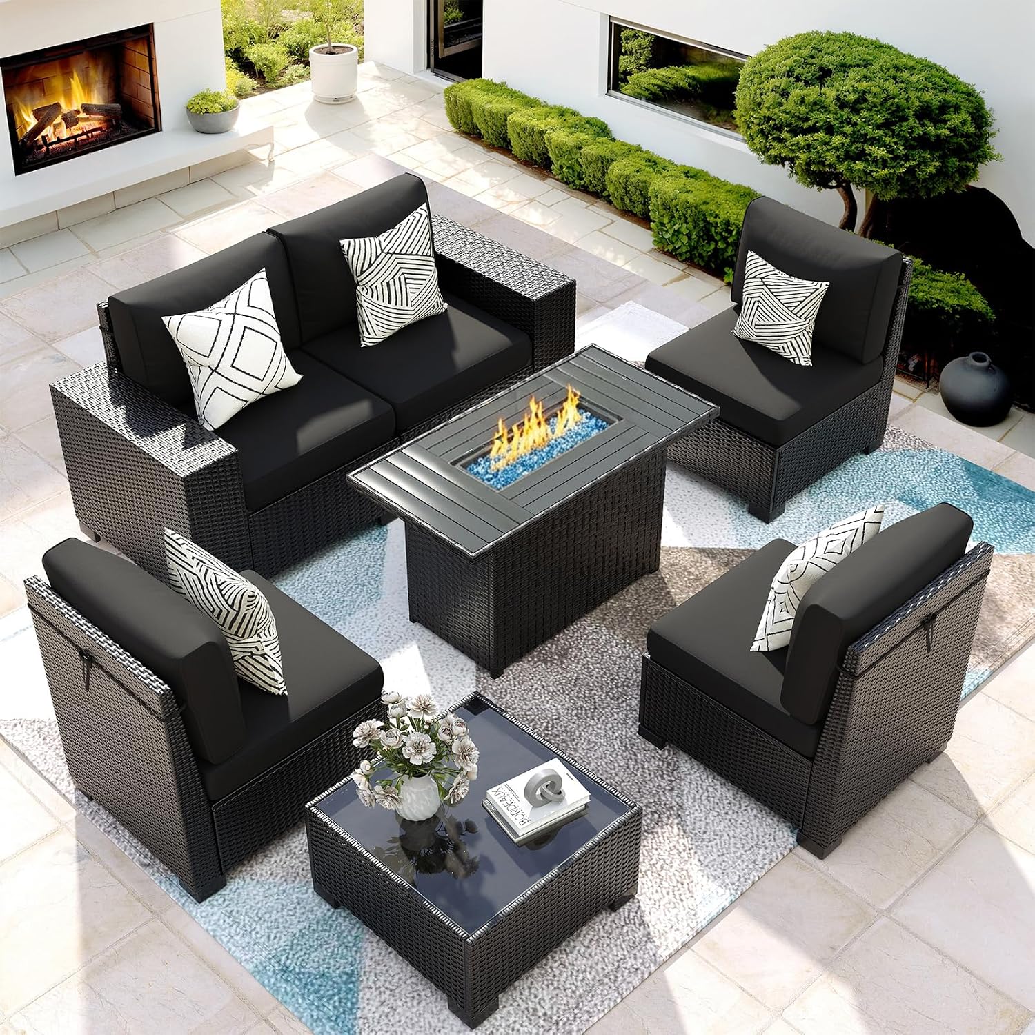Patio Furniture Set with 44'' Fire Pit Table, 7 Pcs Outdoor Sectional Sofa | VONZOY Conversation Sets Black Wicker Rattan Couch with Table for Patio Garden Backyard, 4'' Thickened Cushion Black