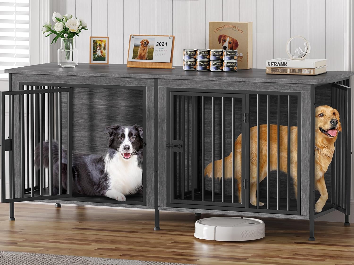 EasyCom 78.74" Dog Crate Furniture for 1 or 2 Dogs, 35-60 Pounds, Dark Grey | Heavy Duty Single/Double Dog Crates, For Small/Medium/Large Dogs, Large Size, Indoor as TV Stand