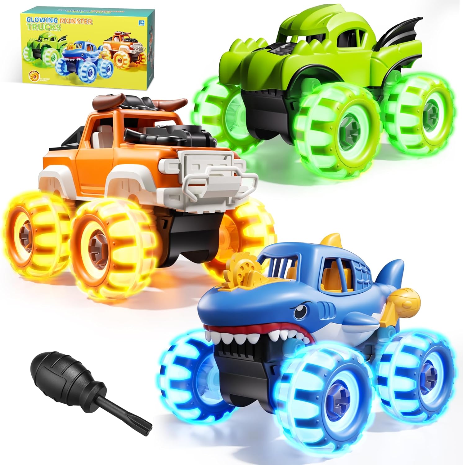 3 Pack Monster Truck Toys with Light Up Wheels, Take Apart Car Toys for Toddlers Kids Boys Age 3 4 5 6 7 8 Years Old