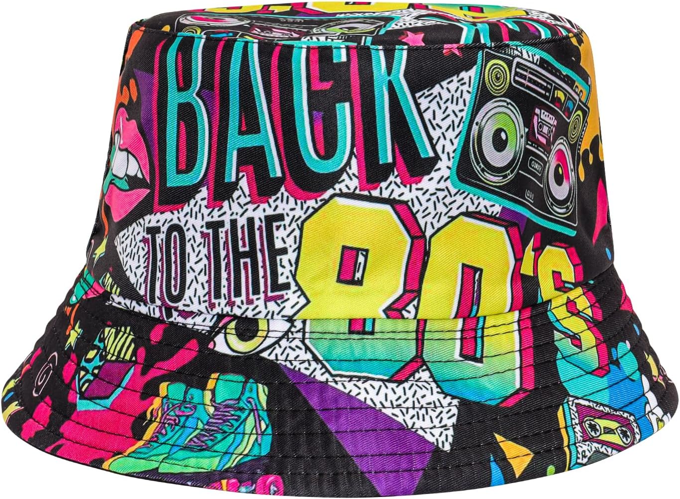 Fumwase Fashion 80s 90s Bucket-Hat Fishing-Hat Packable Fisherman Hat Rave Party Accessories Hat for Men Women Summer Beach Party Supplies Multi