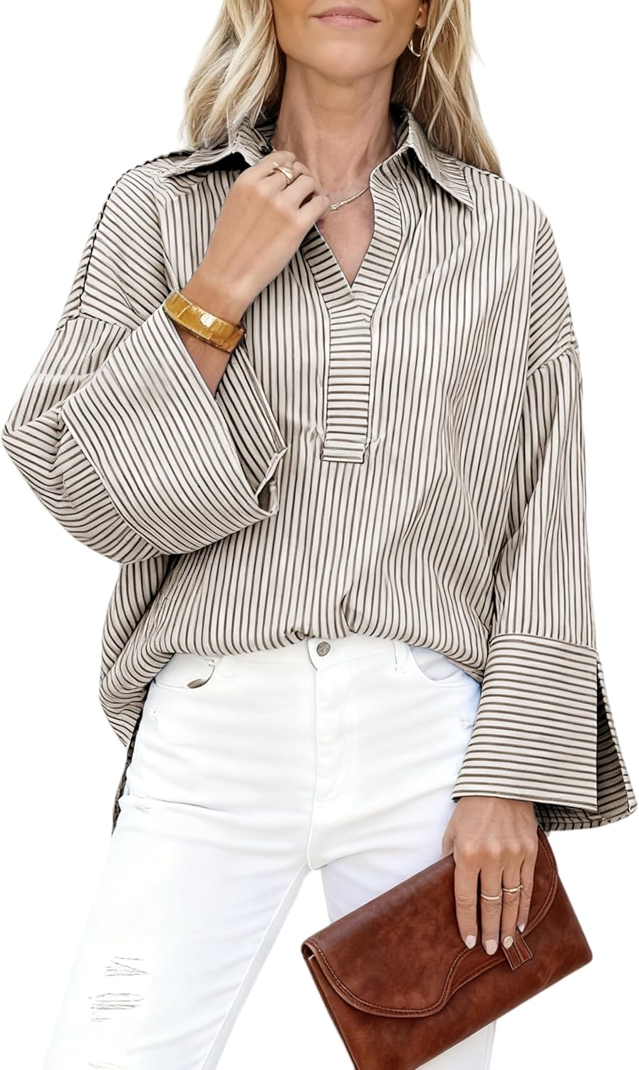 Watashi Women Button Down Shirt Casual Striped Print Dressy Henley Shirts Oversize Long Sleeve Collared Office Work Blouse
