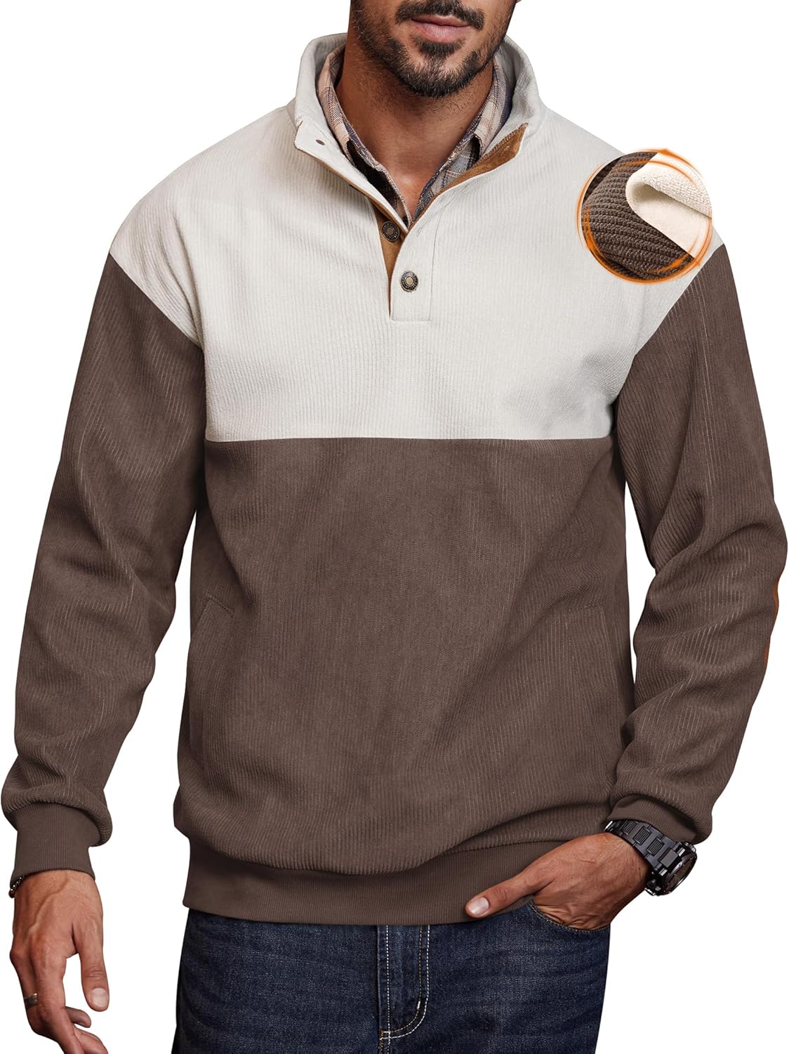 Herberton Men's Thermal Fleece-Lined Sweatshirt Textured Heavyweight Elbow Patches Pullover with Pocket (S-2XL)