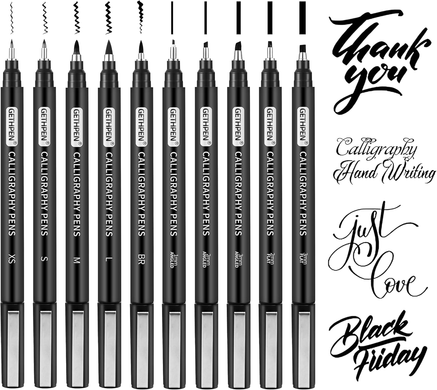 GETHPEN Calligraphy Brush Pen Set,10 Sizes Black Archival Ink Markers | Calligraphy Pens for Beginners, Black Archival Ink, 10 Sizes Calligraphy Markers, Writing, Drawing, Sketching, Scrapbooking