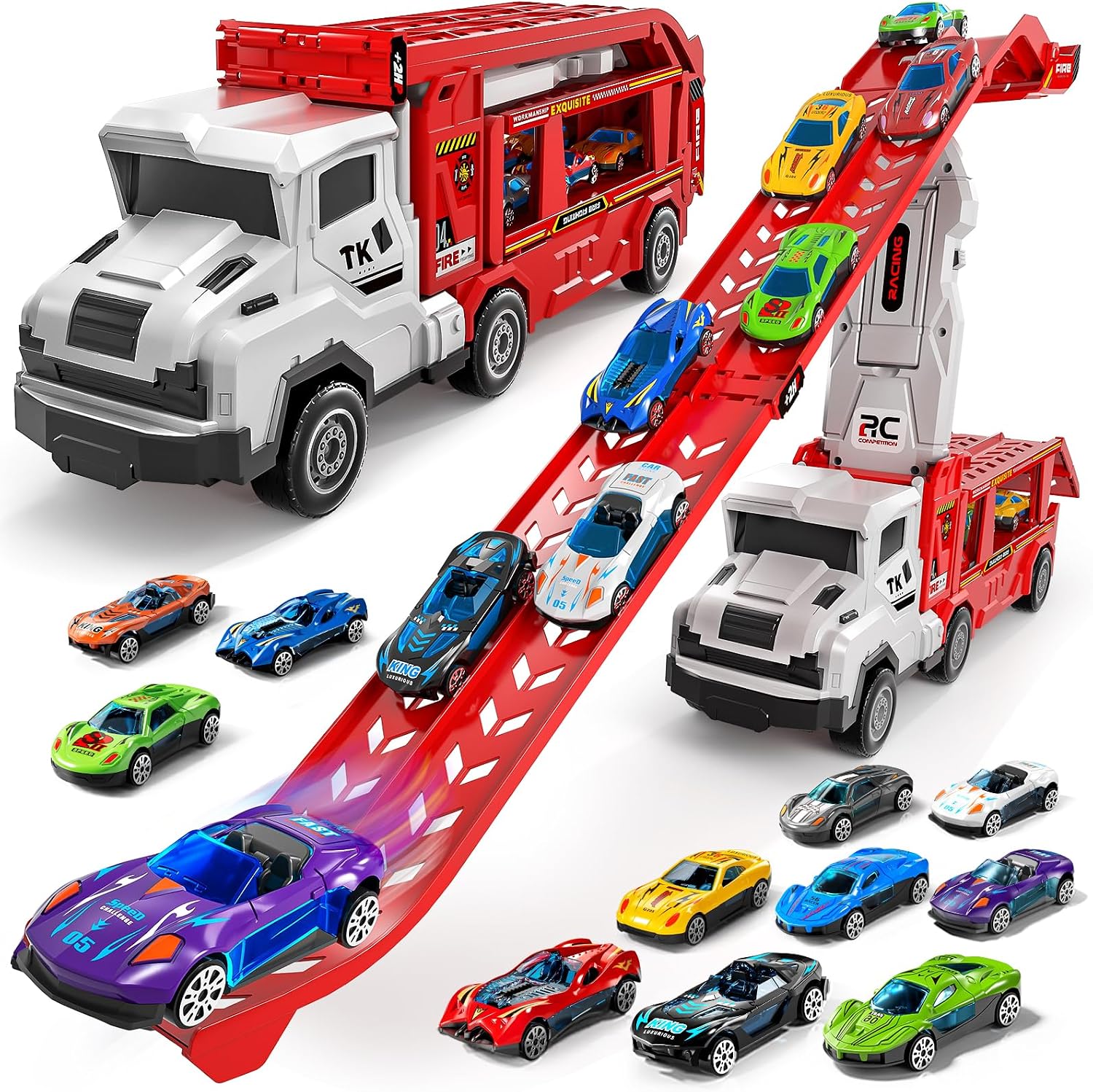 Truck Toys for Kids, Transport Vehicle with 12 Die-Cast Car, Double Race Car Track Cars Ramp Toy, Carrier Truck for Toddler 3-5, Christmas Birthday Gift for 3 4 5 6 7 8 Years Old Boys Girls