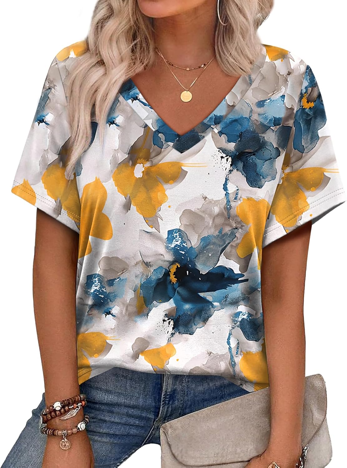 Alaroo Womens Summer Tops 2026 V Neck Short Sleeve Shirts Trendy Dressy Casual Vacation Outfits Printed