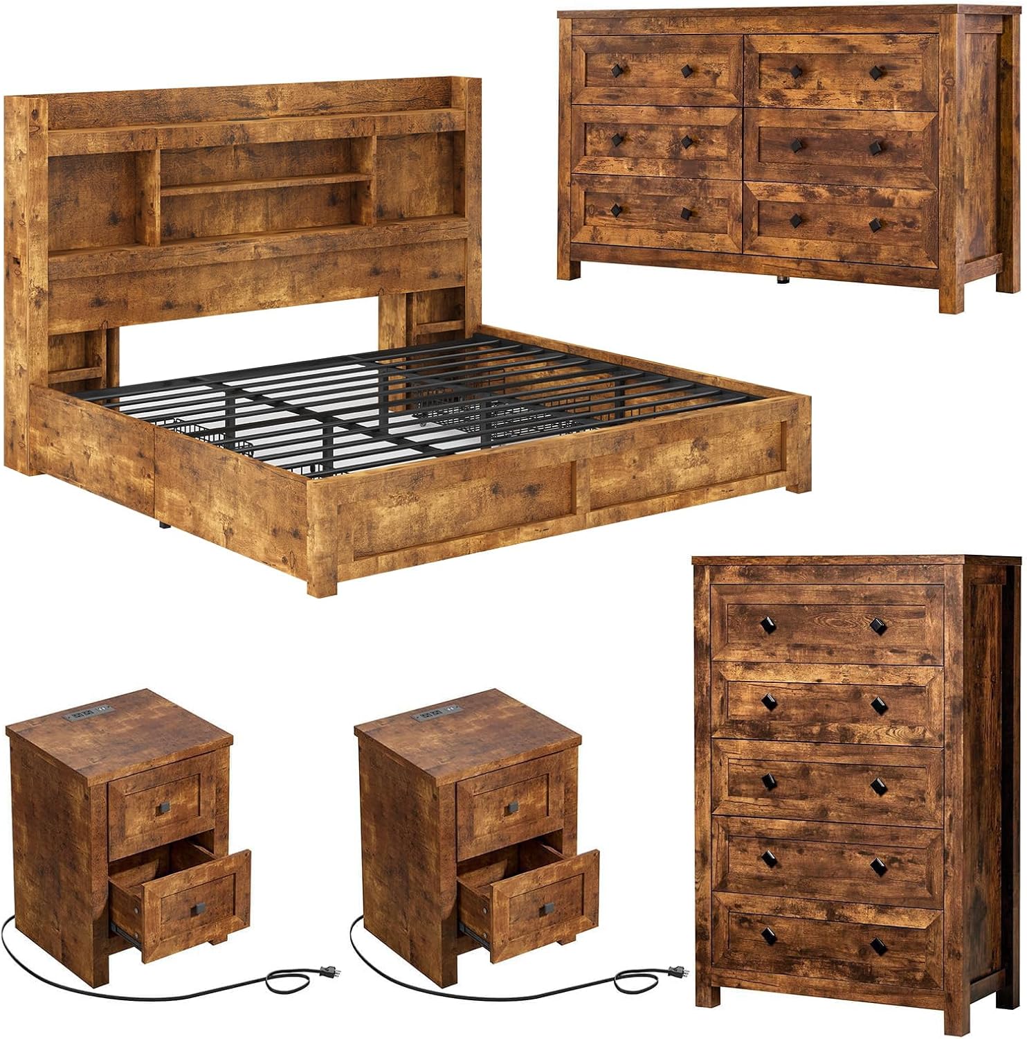 5-Piece Farmhouse Bedroom Set - King Storage Bed & Dresser, Brwon | Bookcase Headboard, with Charging Station, 6 Drawer Dresser, 5 Drawer Chest, 2 Nightstands, LED Storage Bed Frame, Distressed