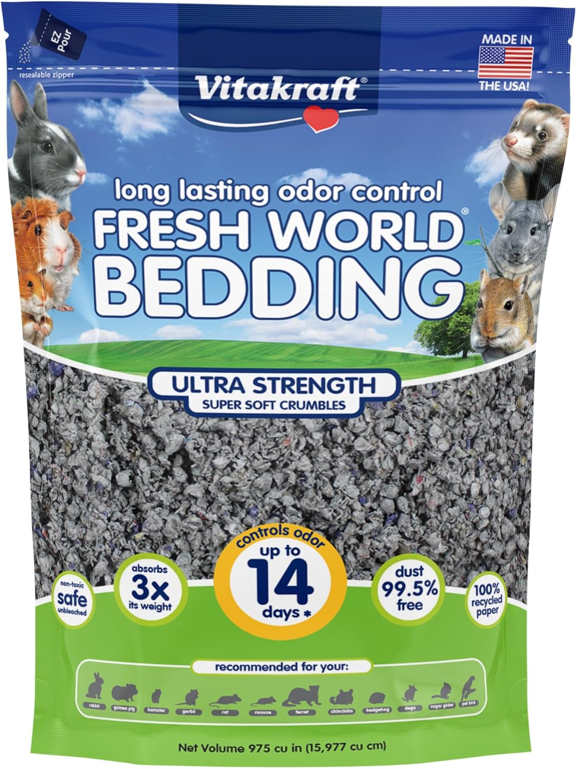 Vitakraft Fresh World Small Animal Bedding - Ultra Strength - Pet Bedding for Litter Boxes and Cages (16 L),Gray, 975 cu in