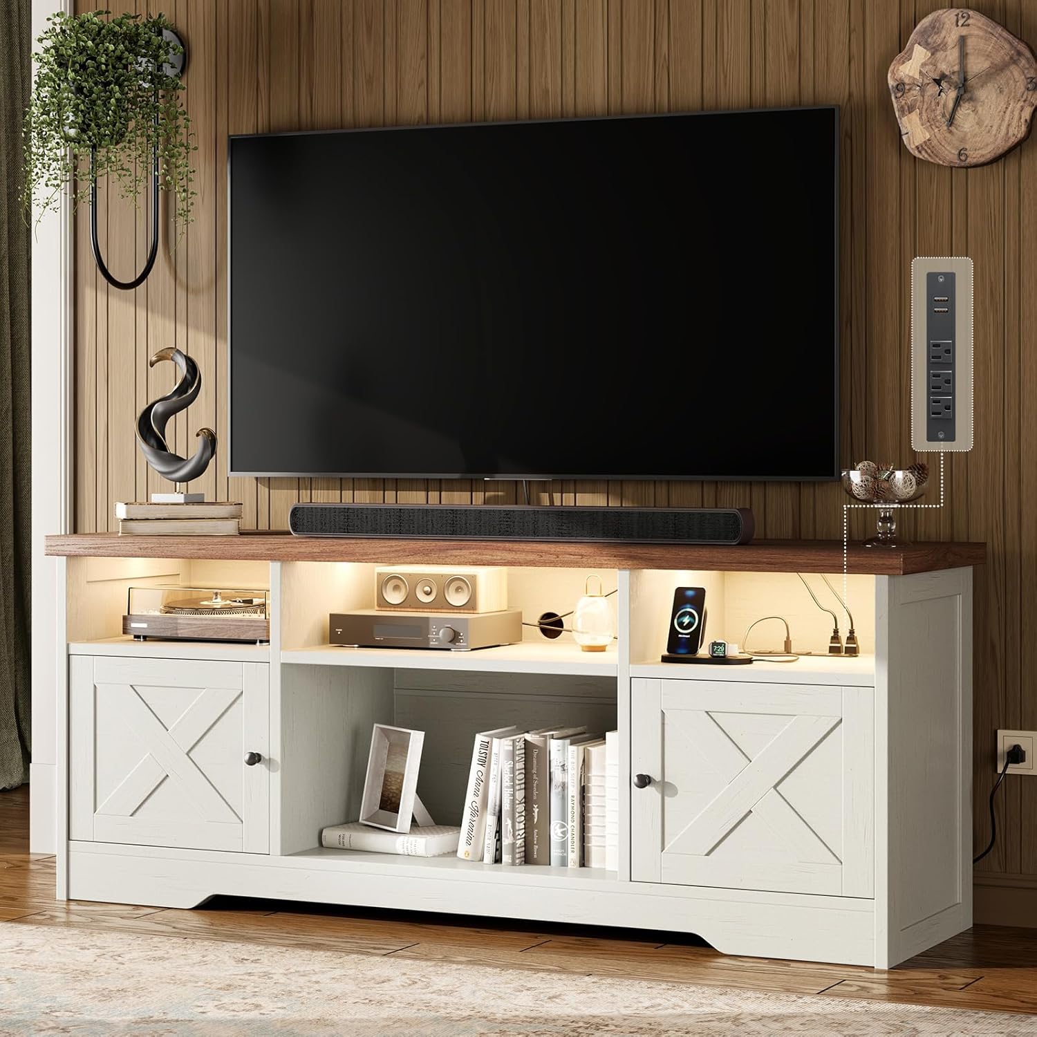 Casaottima TV Stand for 65 Inch TV, Entertainment Center, White | Farmhouse Entertainment Center, Power Outlet & LED Light, Storage Cabinets, Media Furniture for Living Room, Bedroom