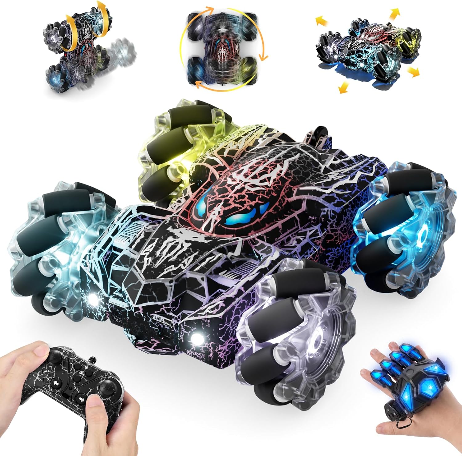Spider Gesture Sensing Remote Control Car Toys Birthday Gift for Boys 3 4 5 6 7 8 9 10 11 12, Double Sided RC Cars with Full-Body Light, 2.4GHz Hand Controlled Rechargeable RC Stunt Car - Black
