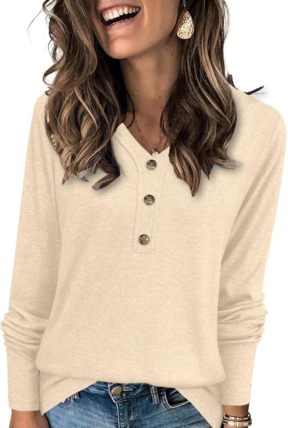 XMTOPYE Womens Tops Long Sleeve Shirts Fall Winter Casual V Neck Button Knit Pullover Lightweight Tunic Blouse