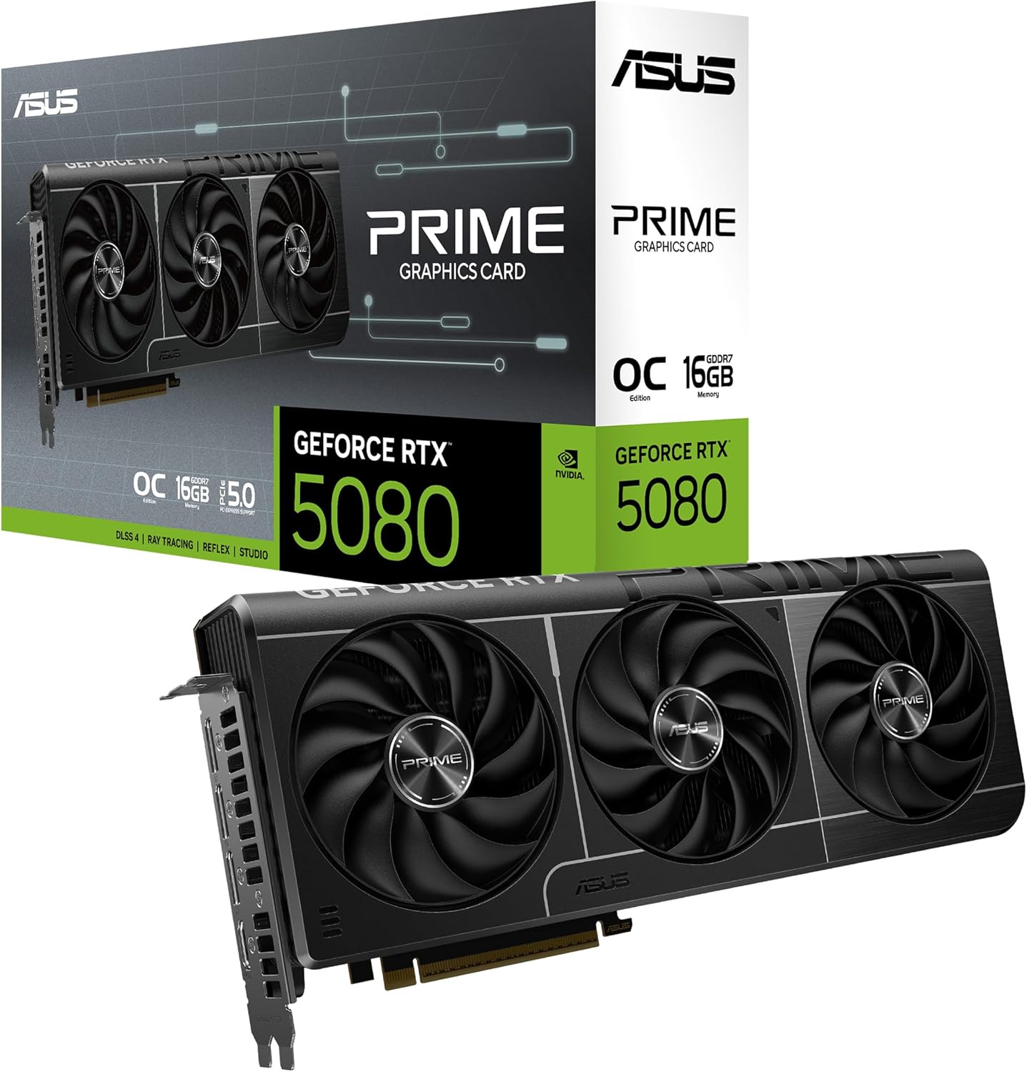 ASUS The SFF-Ready Prime GeForce RTX 5080 OC Edition 16GB GDDR7 Graphics Card, NVIDIA, (PCIe 5.0, HDMI/DP 2.1, 2.5-Slot, Axial-tech Fans, Vapor Chamber, Dual BIOS)