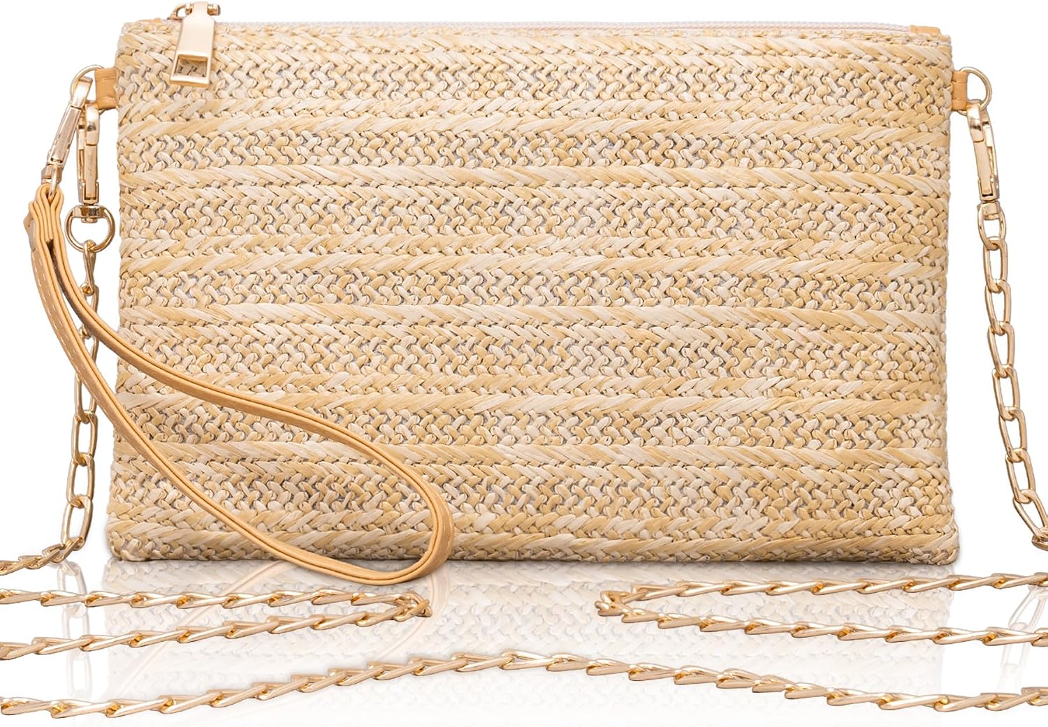 Larcenciel Straw Clutch Purses for Women w/Wrist Strap, Beach Purse Evening Handbag & Chain Zipper for Wedding Prom Vacation