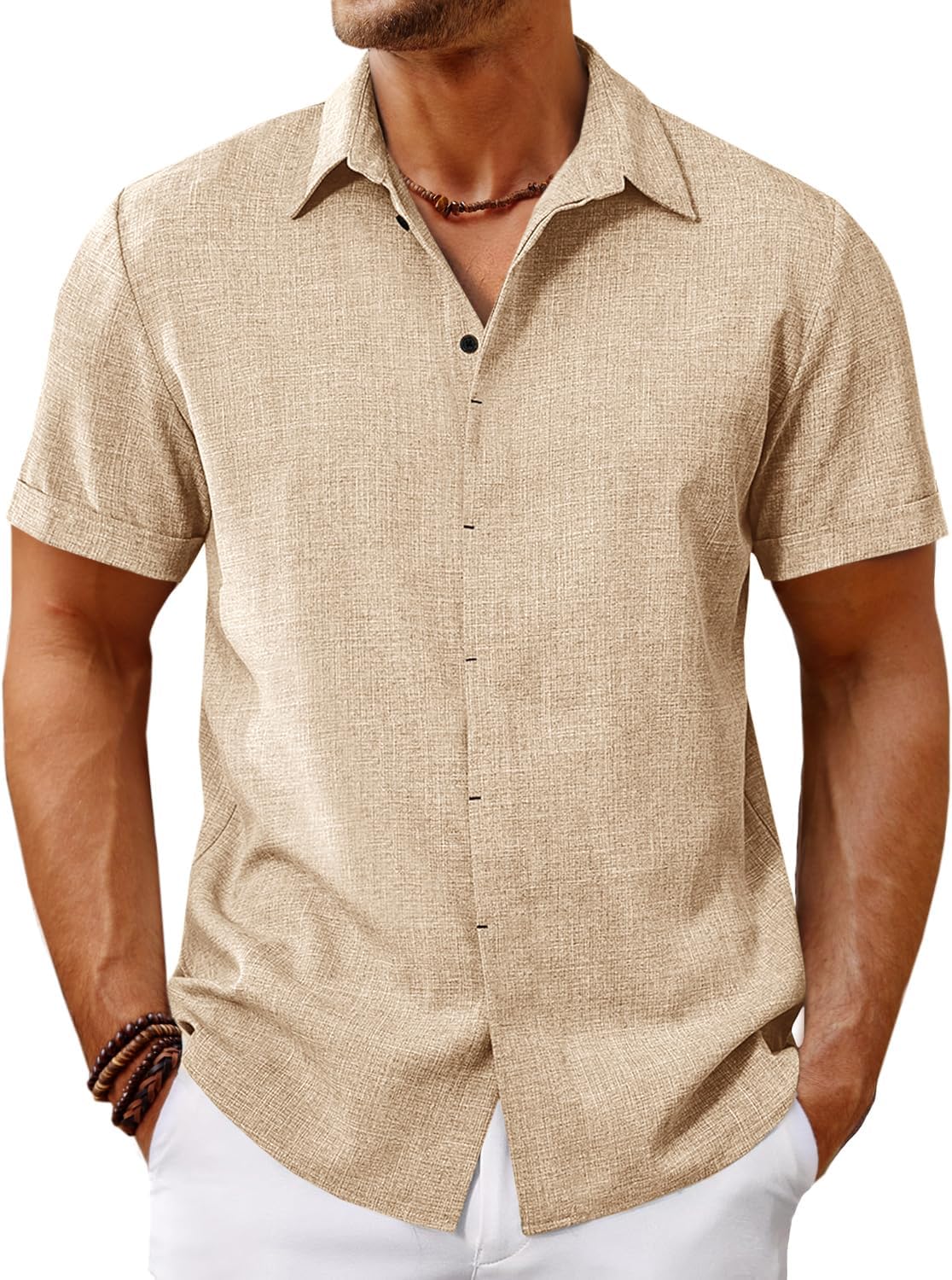 Runcati Mens Short Sleeve Linen Shirts Button Down Casual Texture Summer Beach Wedding Tops
