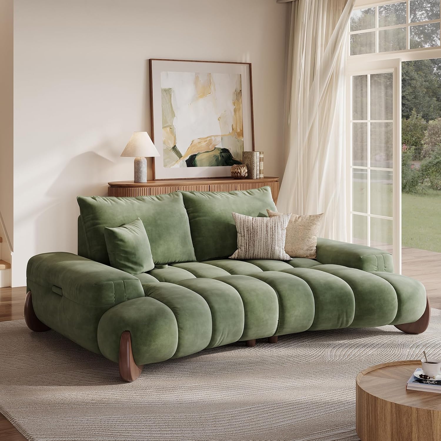 POVISON Arlo 85.2'' Oversized Curved Velvet Modern Sofa, 2 Seater, Green | Adjustment Backrest, Extra Large Deep Seats, Minimalist Mid Century Sofa, Couches for Living Room, Apartment, Office
