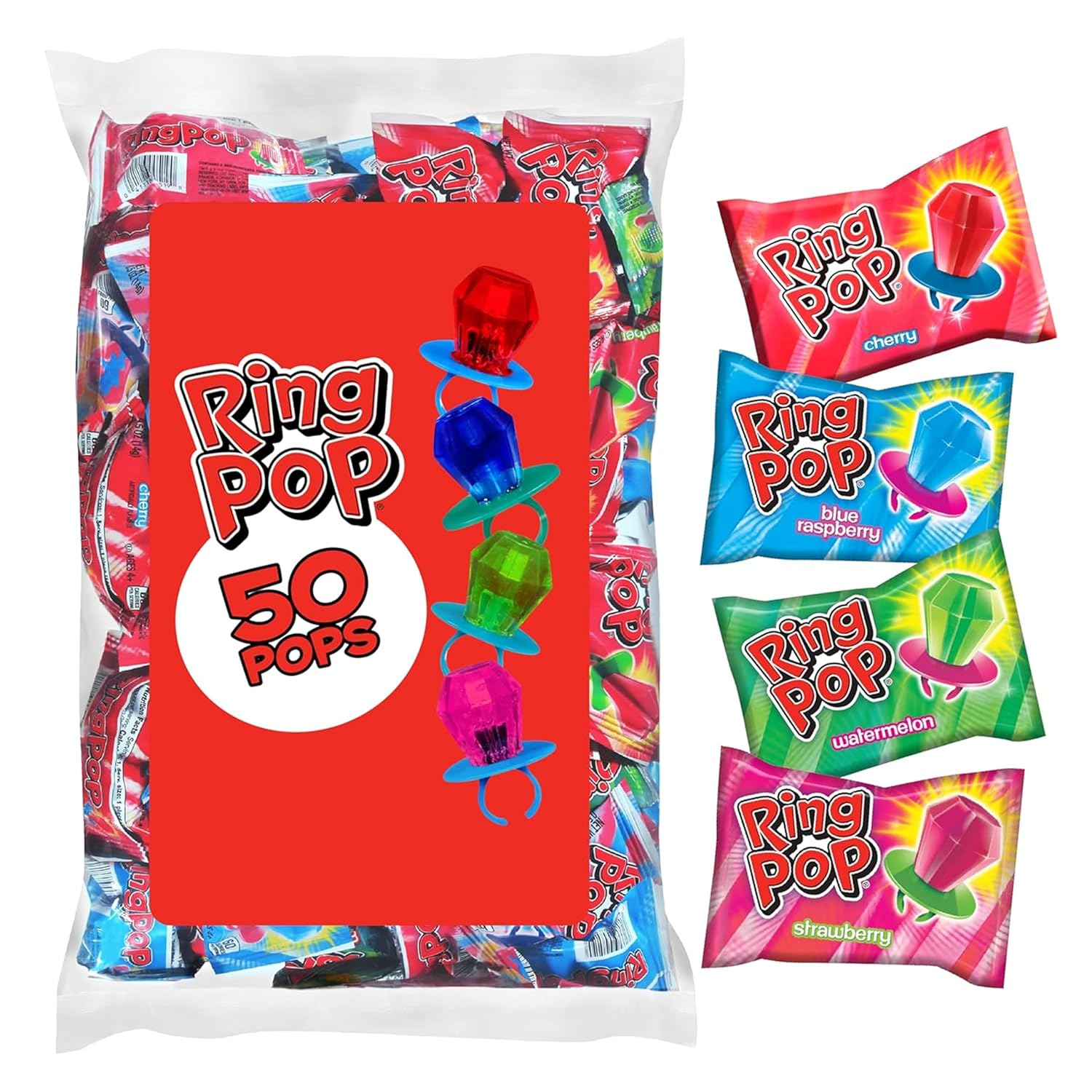Ring Pop Lollipops - Bulk Candy Individually Wrapped Suckers Variety Party Pack- 50 Count w/Assorted Flavors - Hard Candy for Party Favors, Kids & Goodie Bags, 0.5 ounces