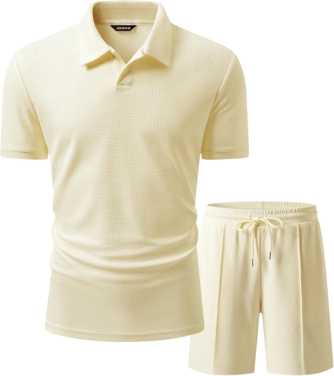 JMIEER Men's Waffle Knit Two Piece Outfit Casual Tracksuit Short Sleeve Golf Polo Shirts and Shorts Set for Summer Vacation