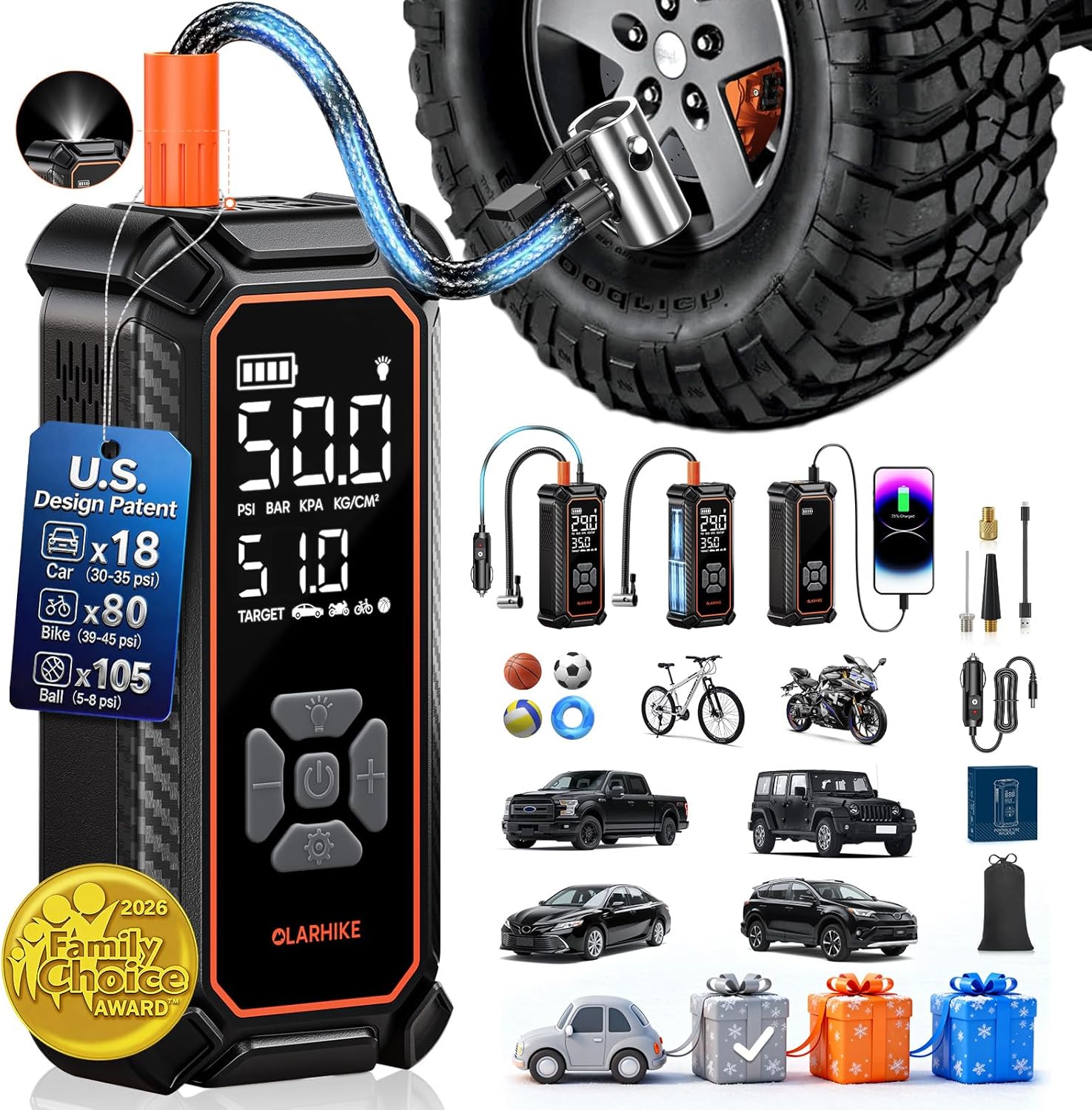 OlarHike Tire Inflator Portable Air Compressor, Dual Power - 6000mAh & 12V DC, Cordless Air Pump for Car Tires, Bikes, Motorcycle, Balls with LED & Digital Pressure Gauge, Auto Shut-off