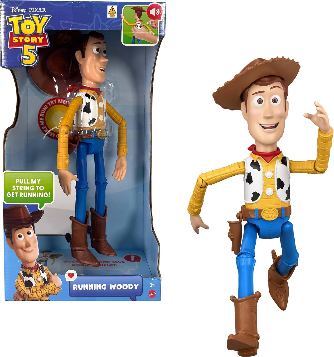 ​Mattel Disney and Pixar Toy Story 5 Running Woody | 12-inch Action Figure with 50+ Movie Phrases & Sounds, Movie-Accurate, English Language