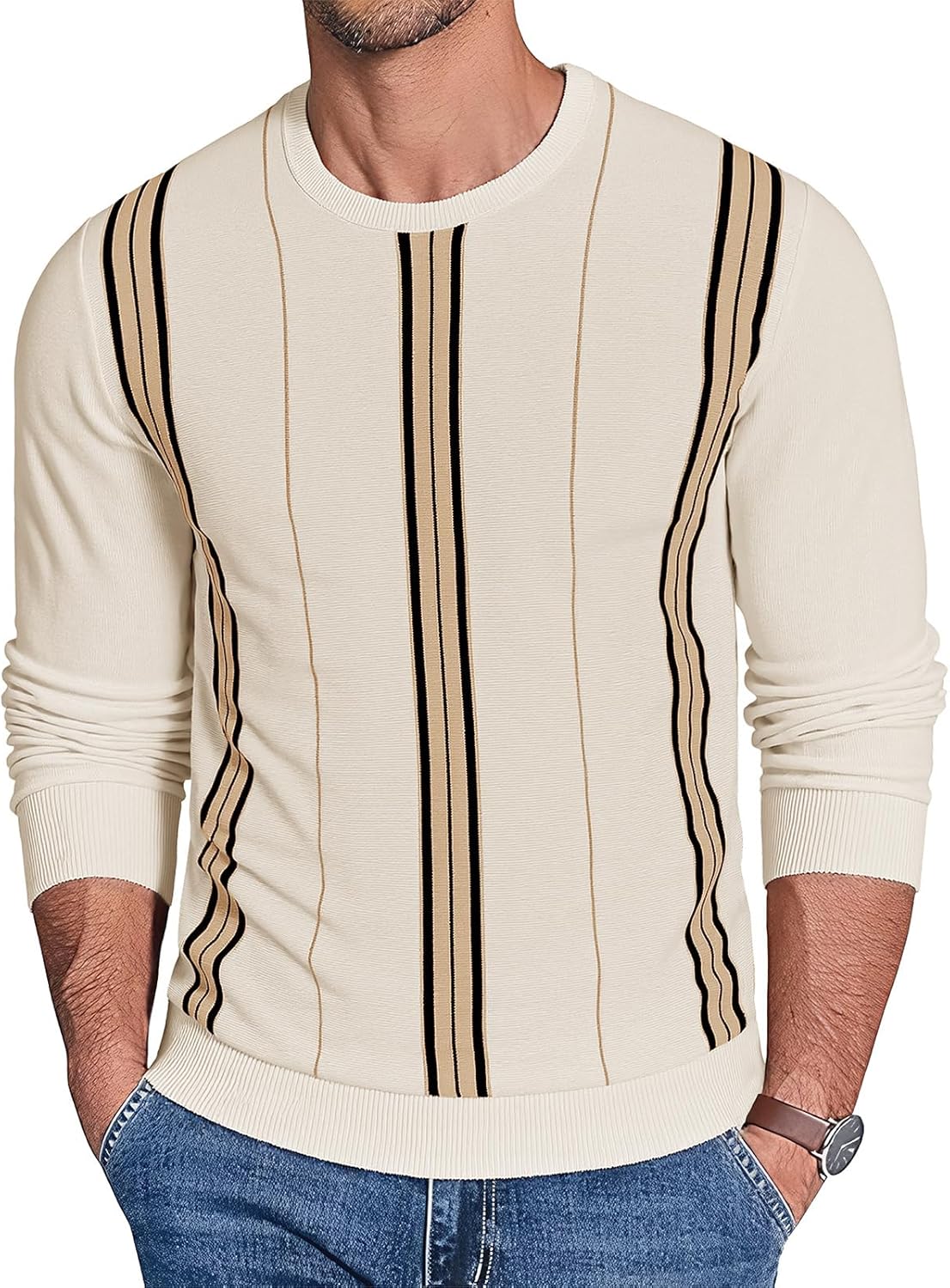 Uni Clau Men's Crew Neck Sweaters Long Sleeve Striped Knitted Pullover Casual Sweaters with Ribbing Edge