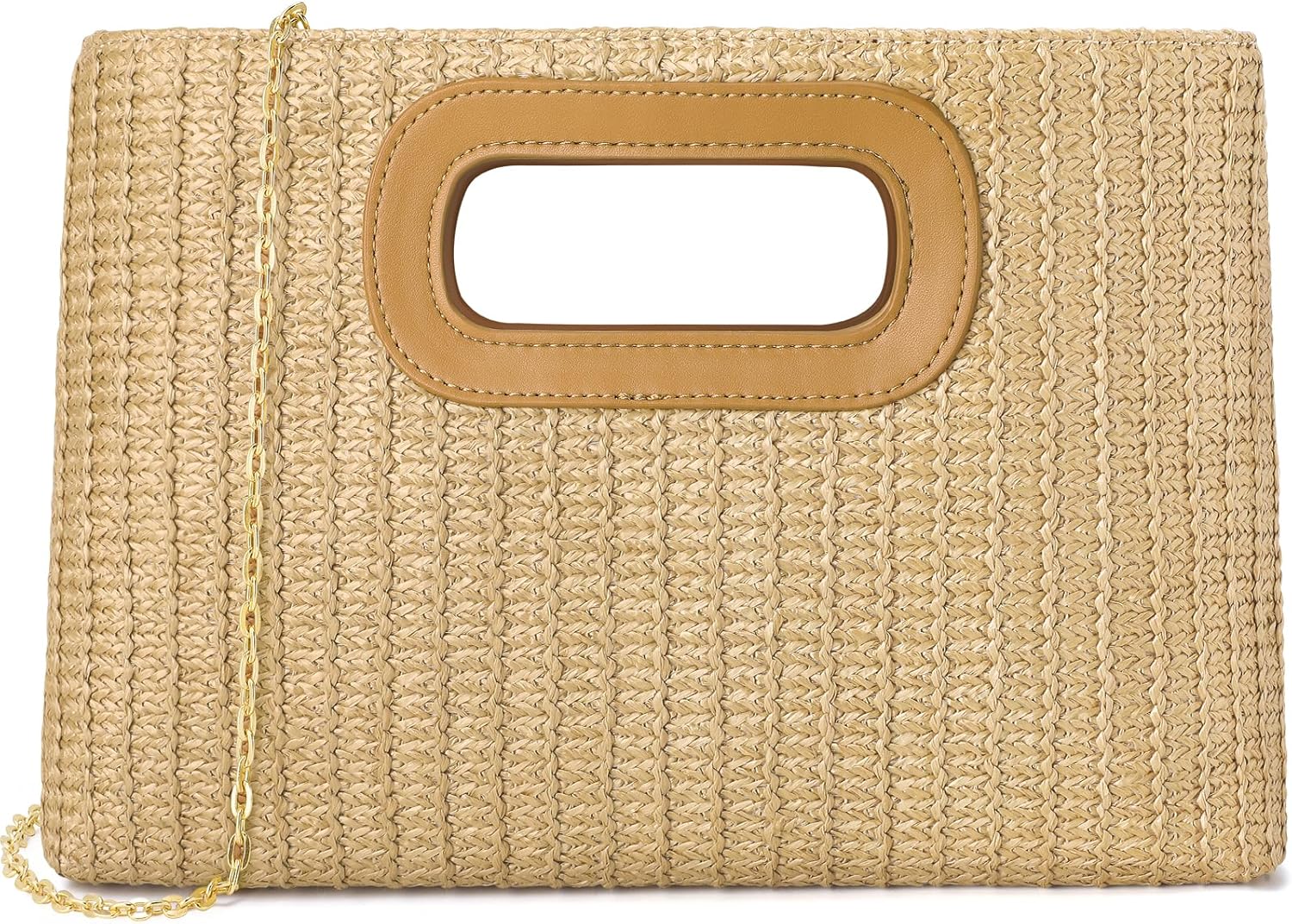 Tavaleu Clutch Purses for Women Top Handle Straw Summer Handbags Crossbody | Woven Beach Bags, Cutout Handle, Magnetic Closure, Detachable Metal Chain, Inner Small Pocket, Lightweight, Formal or Casua