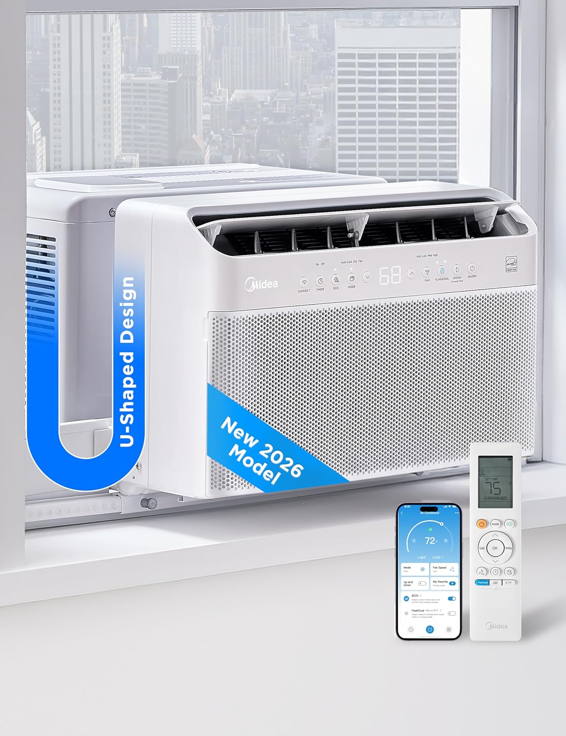 Midea 8,000 BTU U Shaped Smart Inverter Window Air Conditioner - Cools 350 Sq Ft, Ultra Quiet with Open Window Operation - Alexa/Google Assistant Compatible, 37% Energy Savings, Remote (2026 Edition)