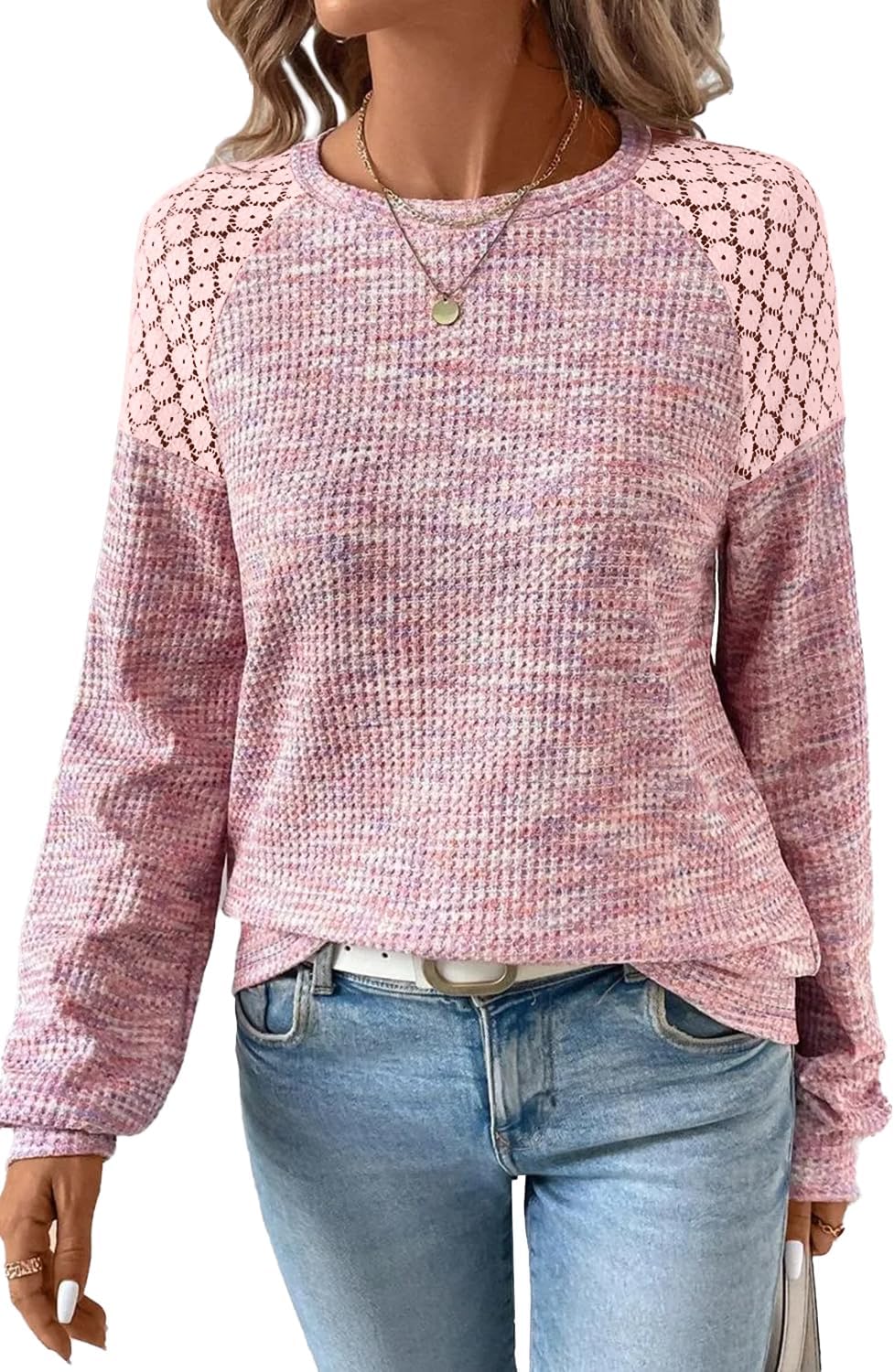 SHEWIN Fall Women Tops Waffle Knit Shirts Multicolor Fabric Blouses | Long Sleeve, Lace, Crewneck, Fashion, Casual, Dresy, Treny, 2026