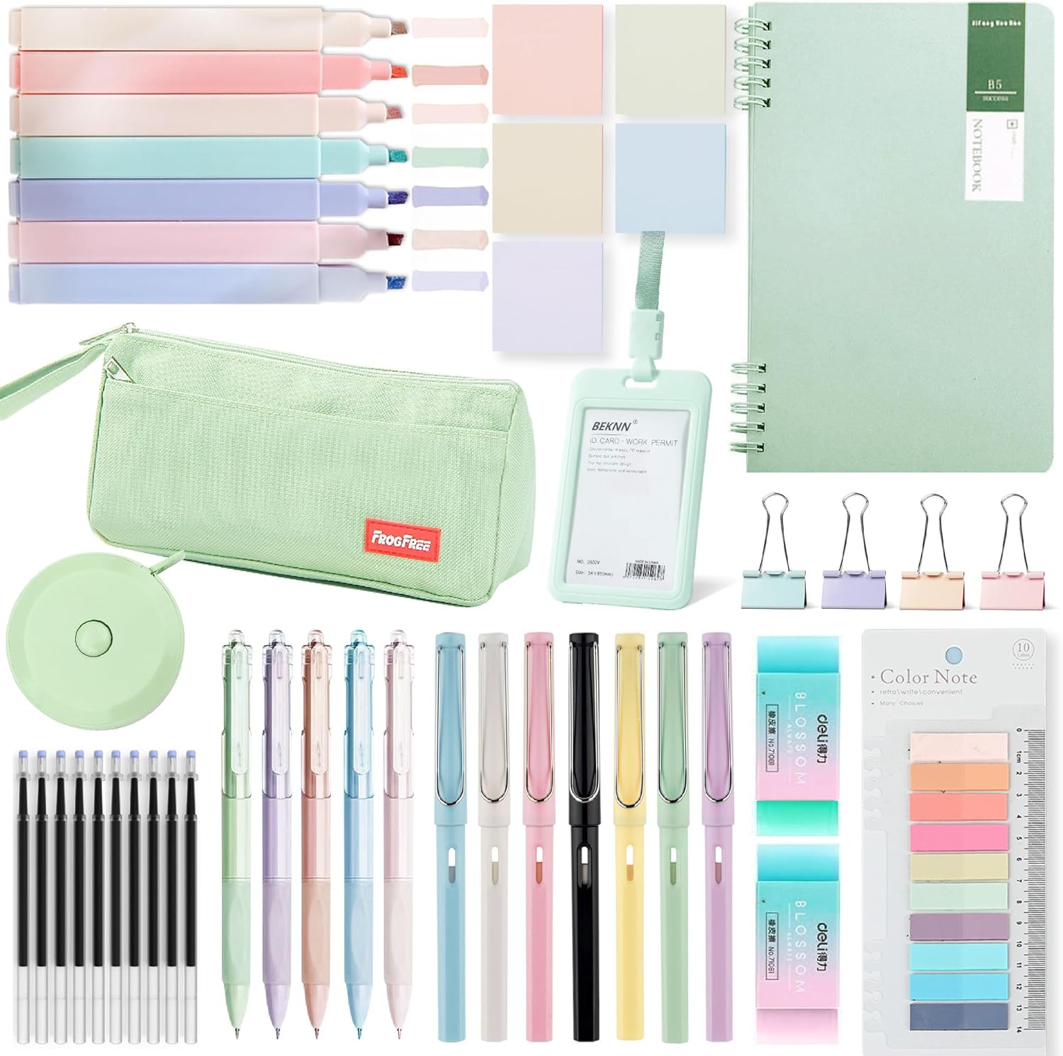 45PCS Morandi Color School Supplies Set with Notebook, Gel Ink Rollerball Pens, Pencil Cas, ID Badge Holder, fluorescent pens,Pencil, Erasers, Clip, tape measure, pen core