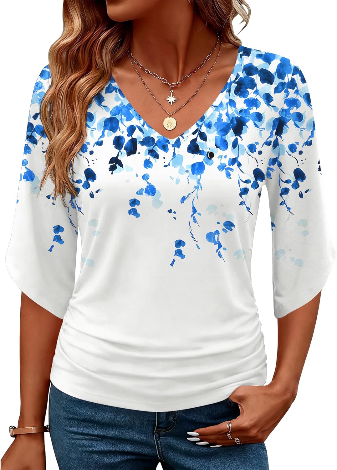Micoson Womens 3/4 Sleeve Tops Dressy Casual Ruched Blouses Summer Tops V Neck Work Clothes