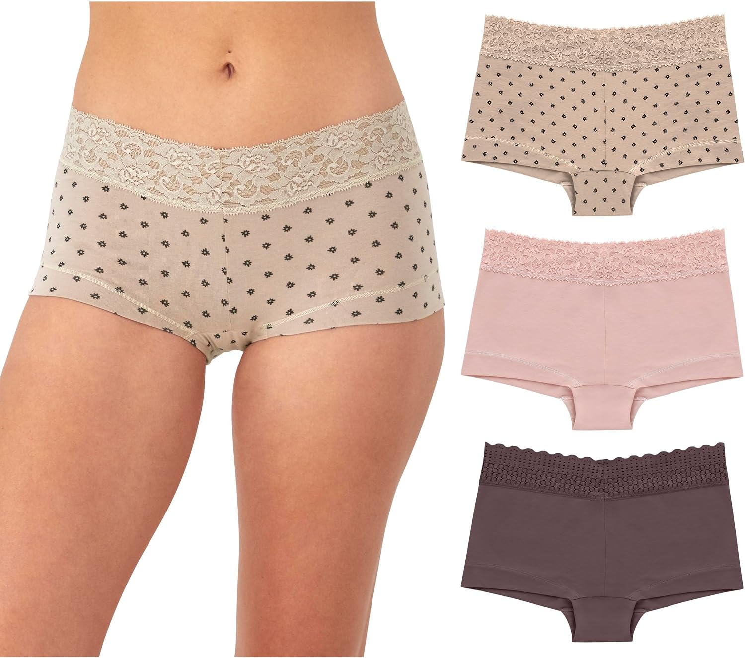 Maidenform Women's Underwear Boy Shorts Pack, 3-Pack, Stretch Cotton Underwear Women Pack, Comfy Boy short Panties for Women