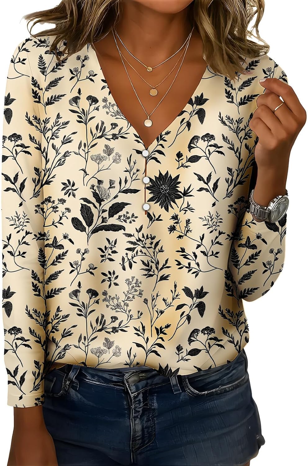 Fall Fashion Elegant Long-Sleeved V-Neck Pearl Button Floral Plant Pattern Print Women's Casual Everyday Quality Top