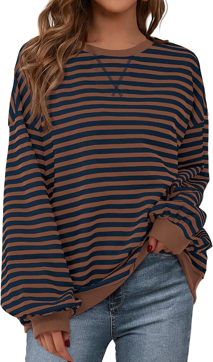 BTFBM Sweatshirt For Women 2026 Fall Crewneck Long Sleeve Oversized Striped Pullover Tops Y2K Clothes Workout Shirt