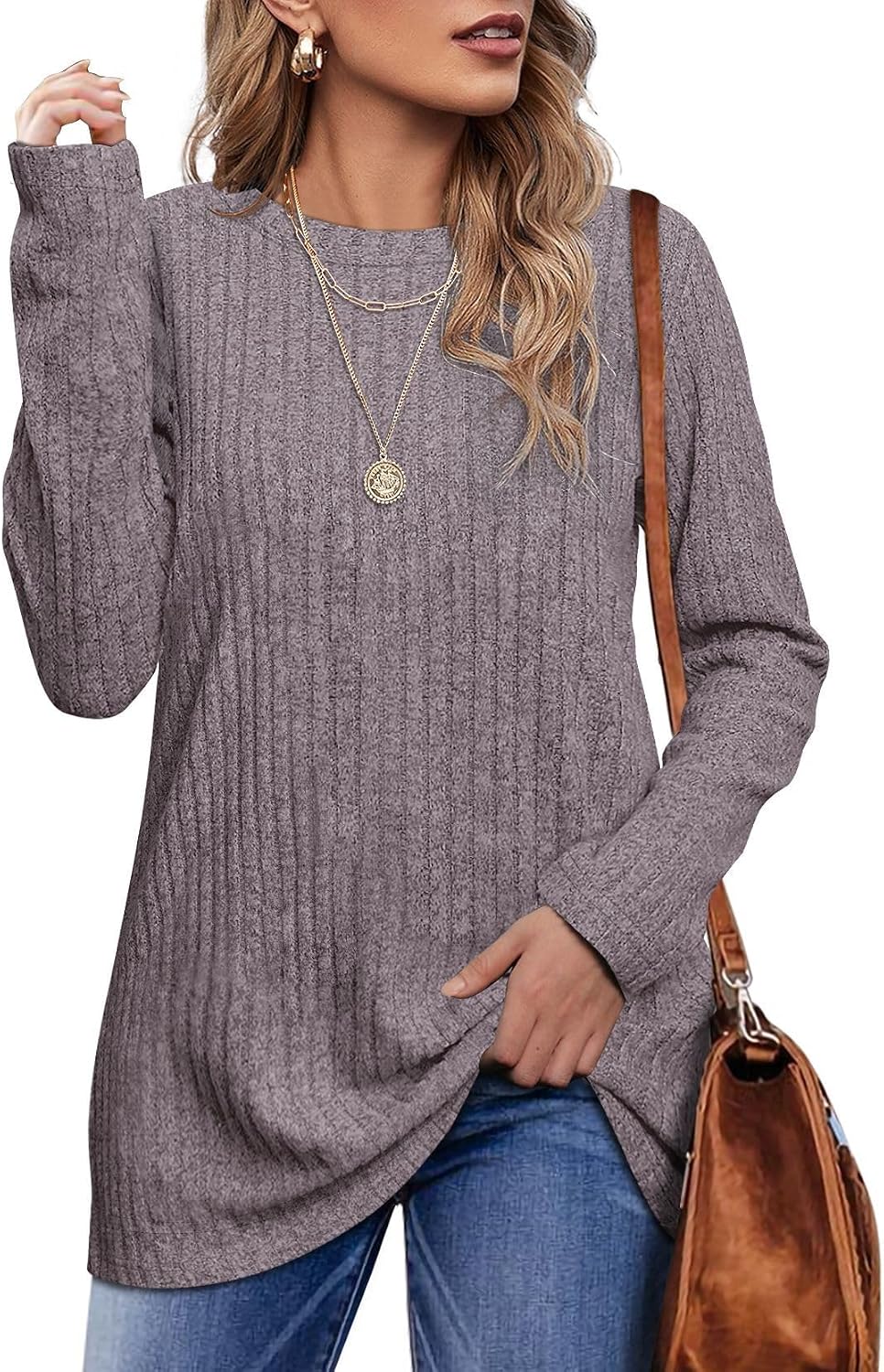OFEEFAN Long Sleeve Shirts for Women Loose Fit Crew Neck Tunic Tops Blouse Dressy Casual Fall Winter Clothes Outfits
