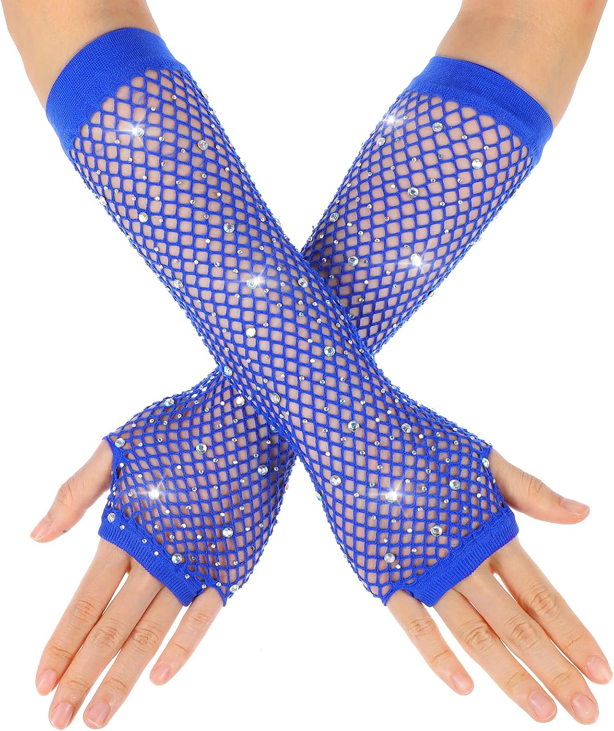 Long Rhinestone Fingerless Fishnet Gloves Steampunk Punk Fish Net Arm Sleeve 80s Costume Halloween for Women Girls